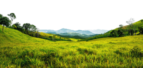 Ai generated rolling green hills with distant mountain panorama on transparent background stock png