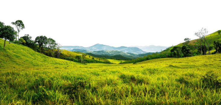 Ai generated rolling green hills with distant mountain panorama on transparent background stock png