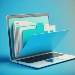 Cartella di file sullo schermo del computer portatile sfondo blu illustrazione digitale ai copia scaled