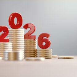 Red 2026 On Coin Stacks Before Defocused Background